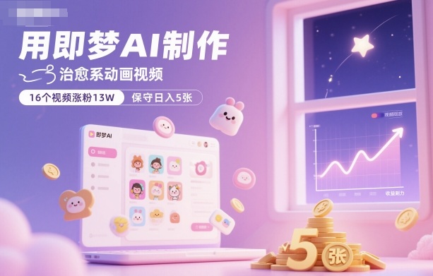 用即梦AI制作治愈系动画视频，16个视频涨粉13W，保守日入5张|网创挖金社