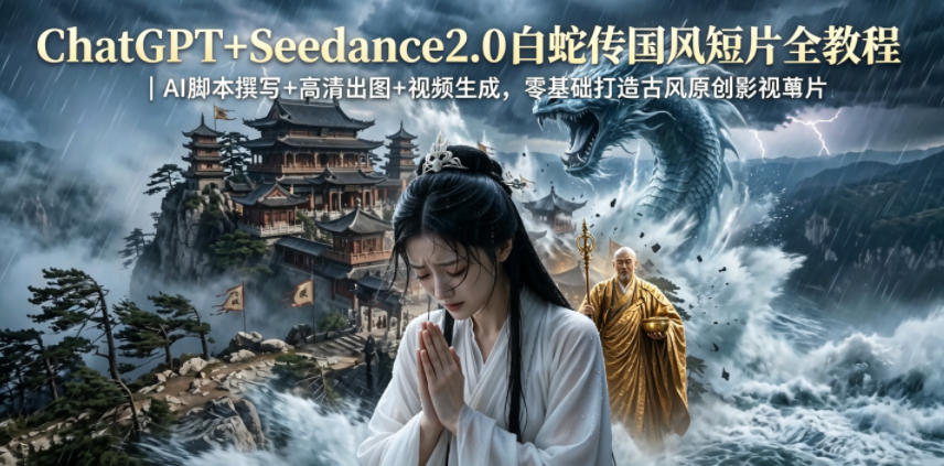 ChatGPT+Seedance2.0白蛇传国风短片全教程｜AI脚本撰写+高清出图+视频生成，零基础打造古风原创影视短片|网创挖金社