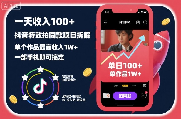 一天收入100+，抖音特效拍同款项目拆解，单个作品最高收入1W+，一部手机即可搞定|网创挖金社