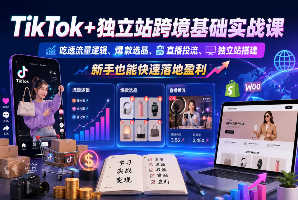 TikTok+独立站跨境基础实战课，吃透流量逻辑、爆款选品、直播投流与独立站搭建，新手也能快速落地盈利|网创挖金社