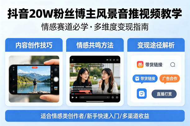 抖音20W粉丝博主风景音推视频教学,情感赛道必学,各种变现途径|网创挖金社