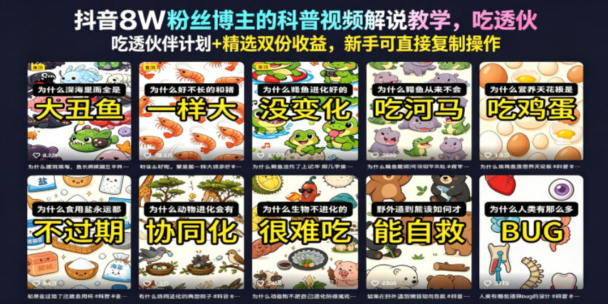 抖音8W粉丝博主的科普视频解说教学，吃透伙伴计划+精选双份收益，新手可直接复制操作|网创挖金社