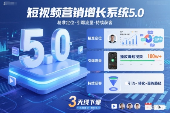 短视频营销增长系统5.0，精准定位-引爆流量-持续获客，3天线下课(音频+图片)|网创挖金社