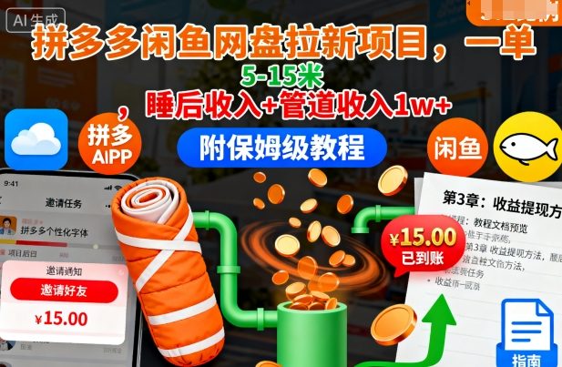 拼多多闲鱼网盘拉新项目，一单5-15米，睡后收入+管道收入1w+(附保姆级教程)|网创挖金社