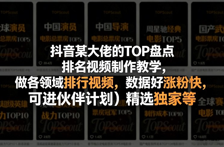 抖音某大佬的TOP盘点排名视频制作，做各领域排行视频，数据好涨粉快，可进伙伴计划＋精选独家等|网创挖金社