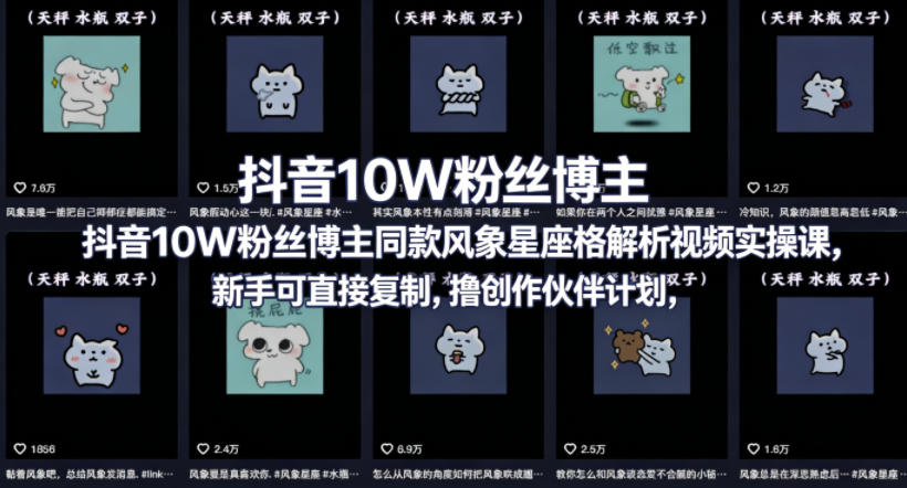 抖音10W粉丝博主同款星座性格解析视频实操课，新手可直接复制，撸创作伙伴计划，分成计划等|网创挖金社