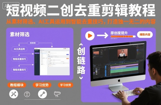 短视频二创去重剪辑教程，从素材筛选、AI工具运用到智能去重技巧，打造独一无二的内容|网创挖金社