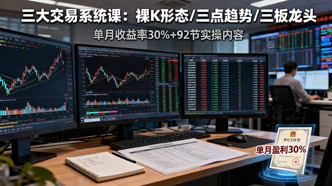 三大交易系统课：裸K形态/三点趋势/三板体系，单月收益率30%+92节实操内容|网创挖金社