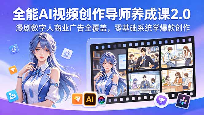 全能AI视频创作导师养成课2.0，漫剧数字人商业广告全覆盖，零基础系统学爆款创作|网创挖金社