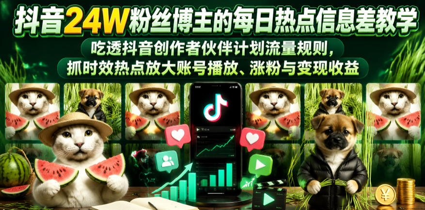 抖音24W粉丝博主的每日热点信息差教学,吃透创作者伙伴计划流量规则,抓时效热点放大账号播放、涨粉与变现收益(更新)|网创挖金社