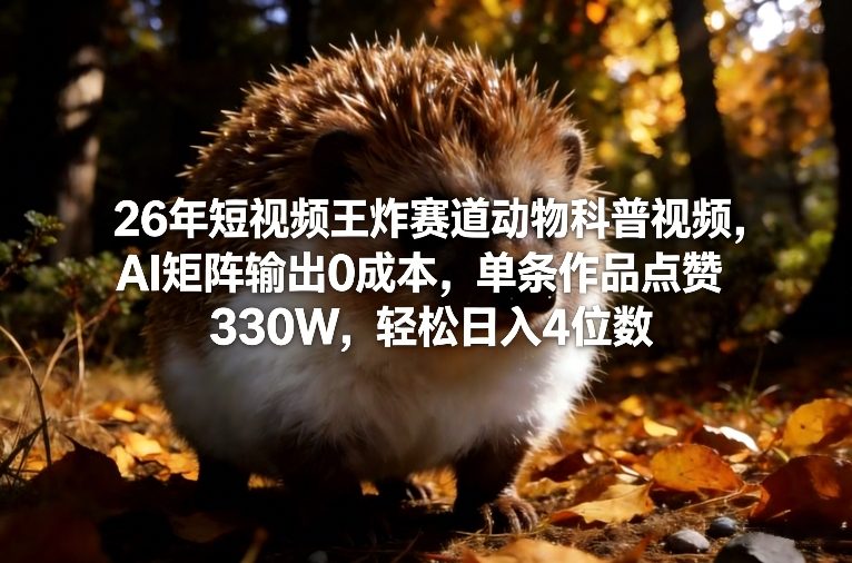 26年短视频王炸赛道动物科普视频，AI矩阵输出0成本，单条作品点赞330W，轻松日入4位数|网创挖金社