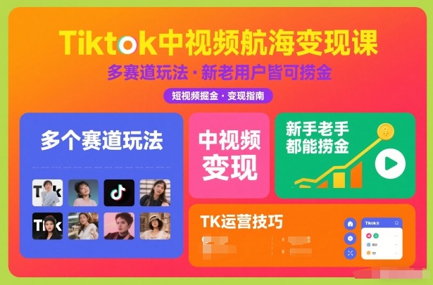Tiktok中视频航海变现课，多个赛道玩法，新手老手都能在TK中视频捞金|网创挖金社