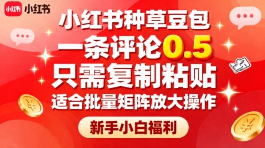 小红书种草豆包，一条评论0.5，只需复制粘贴，适合批量矩阵放大操作，新手小白福利|网创挖金社