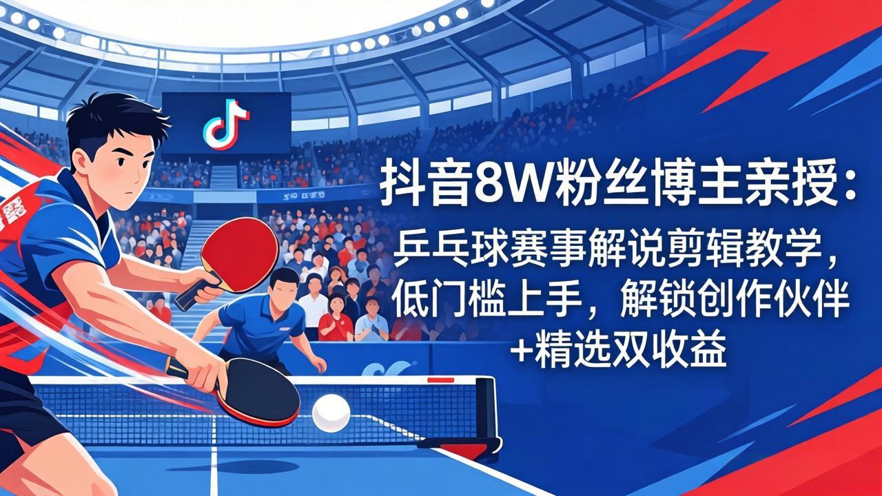 抖音8W粉丝博主亲授：乒乓球赛事解说剪辑教学，低门槛上手，解锁创作伙伴+精选双收益|网创挖金社