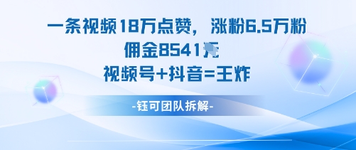 一条视频18W点赞，涨粉6.5W粉佣金8541米，视频号+抖音=王炸|网创挖金社