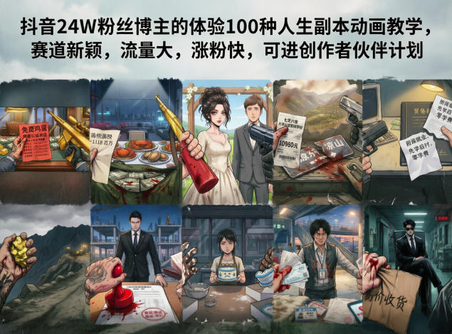 抖音24W粉丝博主的体验100种人生副本动画教学,赛道新颖,流量大,涨粉快,可进创作者伙伴计划|网创挖金社