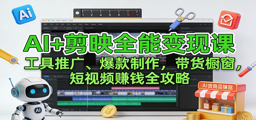 AI+剪映全能变现课：工具推广、爆款制作、带货橱窗，短视频赚钱全攻略|网创挖金社