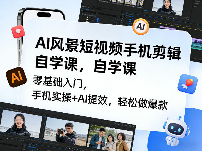 AI风景短视频手机剪辑自学课，零基础入门，手机实操+AI提效，轻松做爆款|网创挖金社