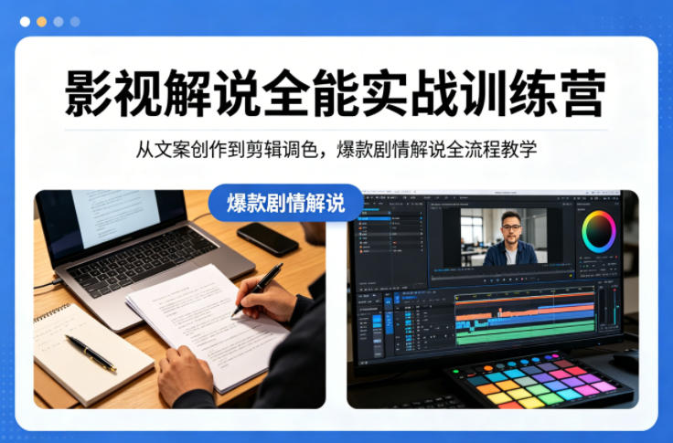 影视解说全能实战训练营：从文案创作到剪辑调色，爆款剧情解说全流程教学|网创挖金社