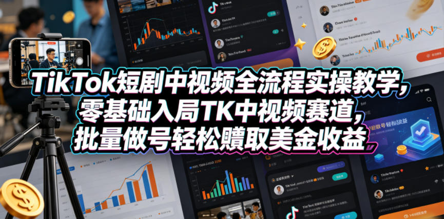 TikTok短剧中视频全流程实操教学，零基础入局TK中视频赛道，批量做号轻松賺取美金收益|网创挖金社