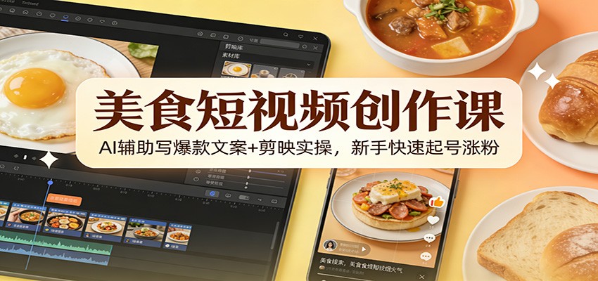美食短视频创作课:AI辅助写爆款文案+剪映实操,新手快速起号涨粉|网创挖金社