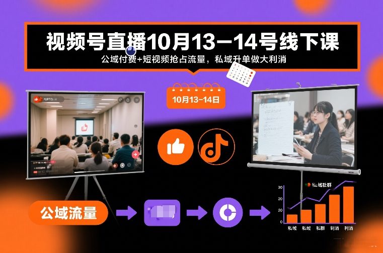 视频号直播10月13-14号线下课,公域付费+短视频抢占流量,私域升单做大利消|网创挖金社