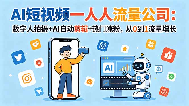 AI短视频一人流量公司:数字人拍摄+AI自动剪辑+热门涨粉,从0到1流量增长|网创挖金社