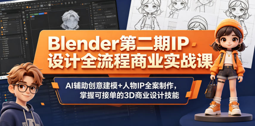 Blender第二期IP设计全流程商业实战课，AI辅助创意建模+人物IP全案制作，掌握可接单的3D商业设计技能|网创挖金社