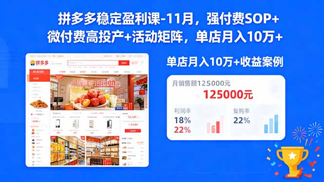 拼多多稳定盈利课-11月，强付费SOP+微付费高投产+活动矩阵，单店月入10万+|网创挖金社