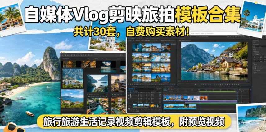 自媒体Vlog剪映旅拍模板合集，共计30套，自费购买素材！旅行旅游生活记录视频剪辑模板，附预览视频|网创挖金社