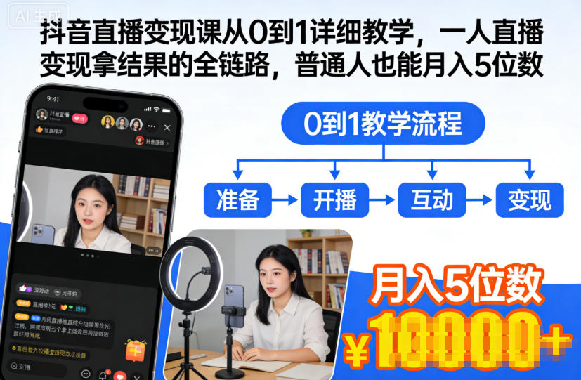 抖音直播变现课从0到1详细教学，一人直播变现拿结果的全链路，普通人也能月入5位数|网创挖金社