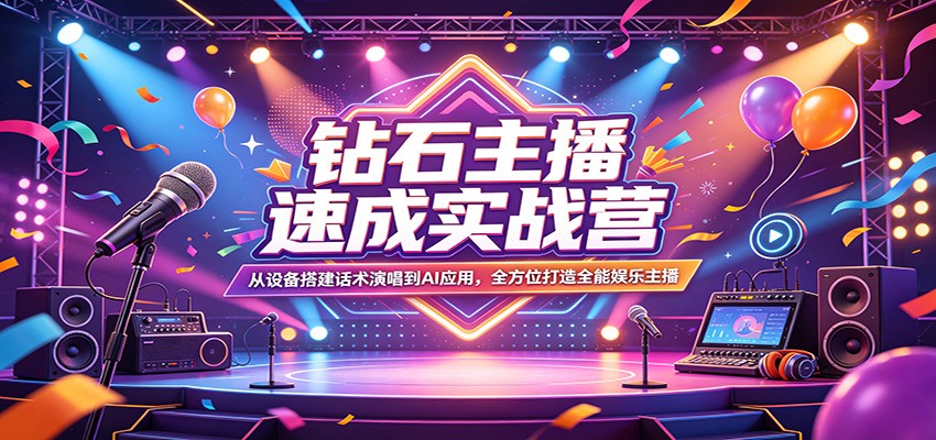钻石主播速成实战营：从设备搭建话术演唱到AI应用，全方位打造全能娱乐主播|网创挖金社