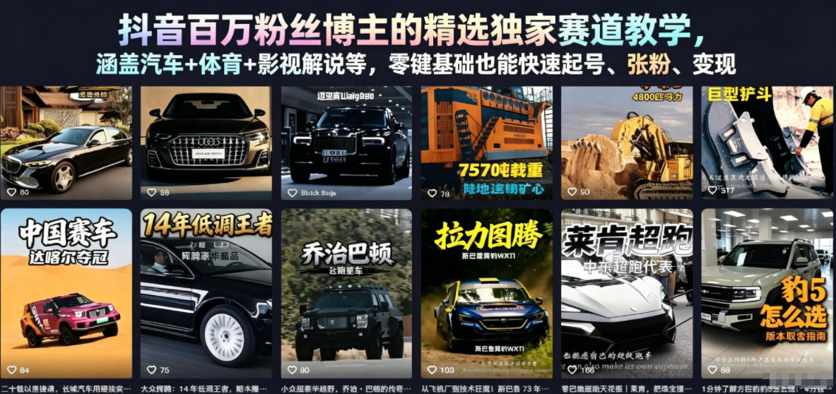 抖音百万粉丝博主的精选独家赛道教学，涵盖汽车+体育+影视解说等，零基础也能快速起号、涨粉、变现|网创挖金社