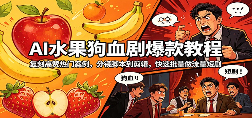 AI水果狗血剧爆款教程：复刻高赞热门案例，分镜脚本到剪辑，快速批量做流量短剧|网创挖金社