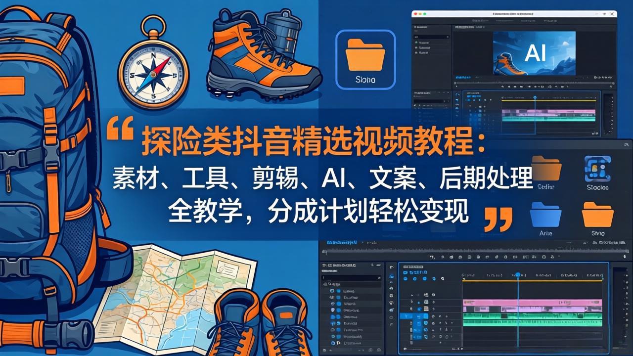 探险类抖音精选视频教程：素材、工具、剪辑、AI、文案、后期处理全教学，分成计划轻松变现|网创挖金社