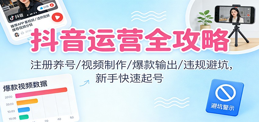 抖音运营全攻略：注册养号/视频制作/爆款输出/违规避坑，新手快速起号|网创挖金社
