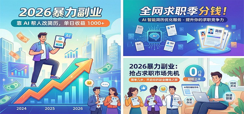 2026暴力副业：靠AI帮人改简历，单日收益1000+，全网求职季分钱|网创挖金社