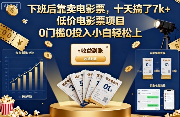 下班后靠卖电影票，十天搞了7k+，低价电影票项目，0门槛0投入小白轻松上手【揭秘】|网创挖金社
