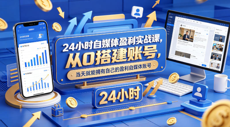 24小时自媒体盈利实战课，从0搭建账号，当天就能拥有自己的盈利自媒体账号|网创挖金社