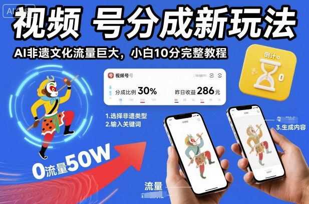 视频号分成新玩法，AI非遗文化流量巨大，小白10分钟搞定，完整教程|网创挖金社