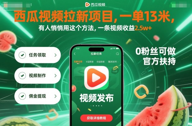 西瓜视频拉新项目，一单13米，有人悄悄用这个方法，一条视频收益2.5w+(附详细教程)|网创挖金社