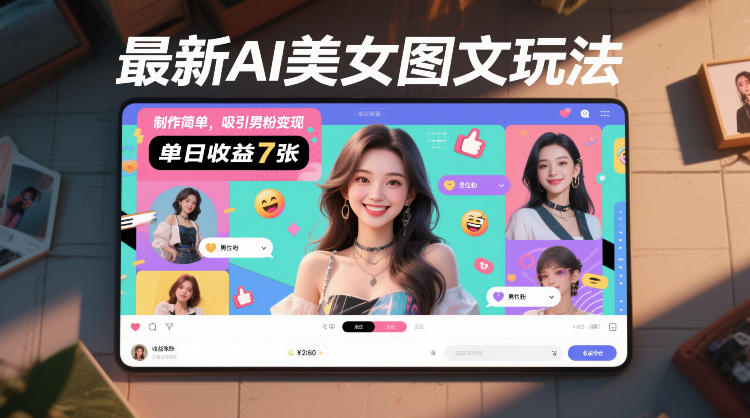 最新AI美女图文玩法，制作简单，吸引男粉变现，单天收益7张|网创挖金社