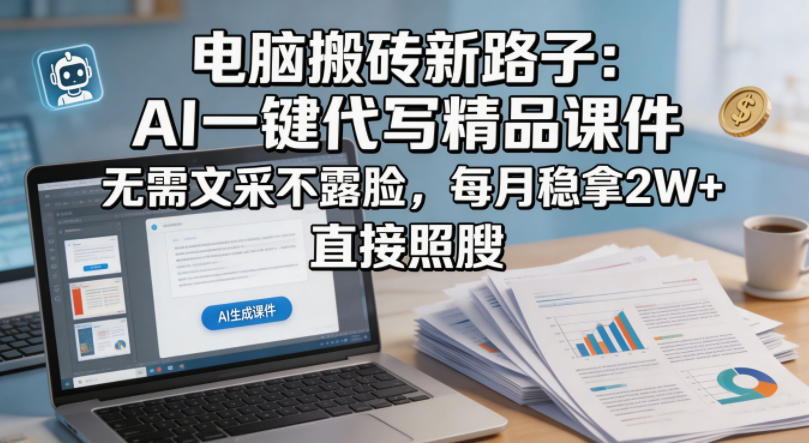 电脑搬砖新路子：AI一键代写精品课件，无需文采不露脸，每月稳拿2W+，直接照搬|网创挖金社