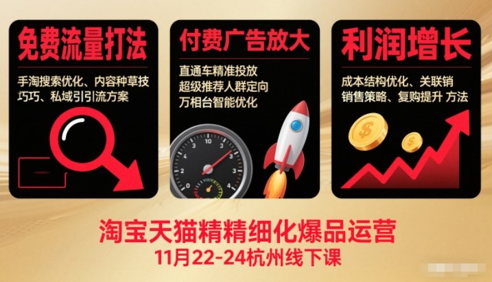 淘宝天猫精细化爆品运营11月22-24杭州线下课，免费流量打法+付费广告放大+利润增长(音频+文档)|网创挖金社