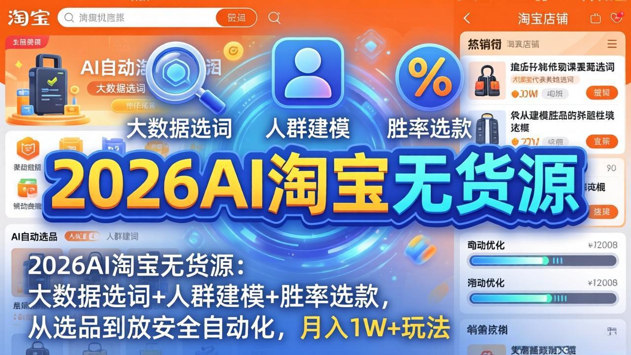 2026AI淘宝无货源：大数据选词+人群建模+胜率选款，从选品到放大全自动化，月入1W+玩法|网创挖金社