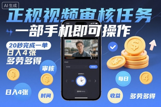 正规视频审核任务，一部手机即可操作，20秒完成一单，日入4张，多劳多得【揭秘】|网创挖金社