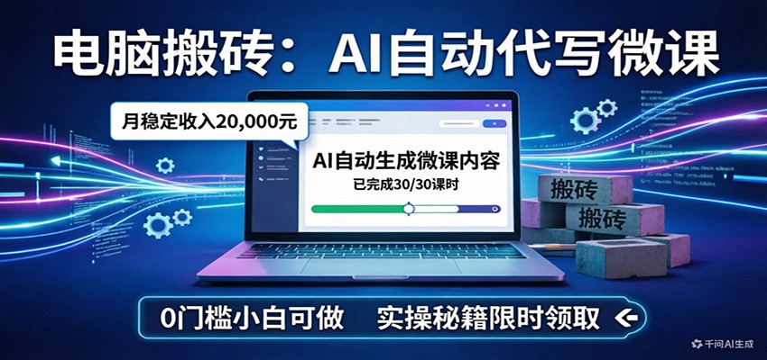 电脑搬砖AI自动代写微课，月稳定2W，0门槛小白可做，实操秘籍|网创挖金社