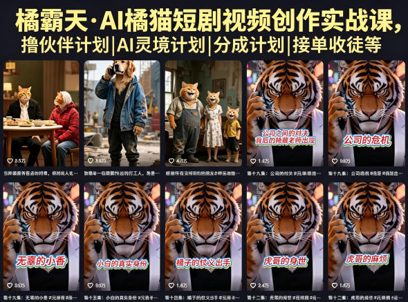 橘霸天·AI橘猫短剧视频创作实战课，撸伙伴计划|AI灵境计划|分成计划|接单收徒等|网创挖金社