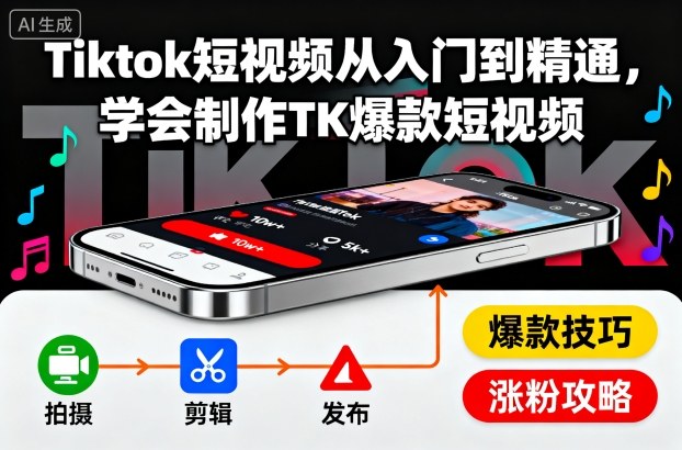 Tiktok短视频从入门到精通，学会制作TK爆款短视频|网创挖金社