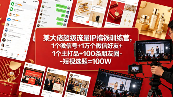 某大佬超级流量IP搞钱训练营，1个微信号+1万个微信好友+1个主打品+100条朋友圈-短视选题=100W|网创挖金社